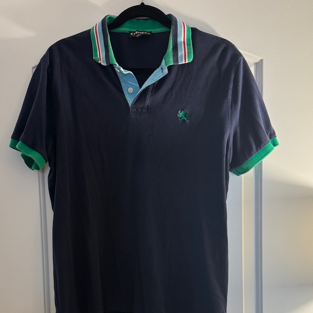 Express Men’s Navy Blue Polo Shirt with Green Accents size medium